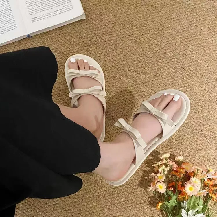 Double Bowtie Flat Slippers Shoes Woman 2024 Trend Silver Black Flats Sandals Mules Women's Summer Footwear Chaussures Femme