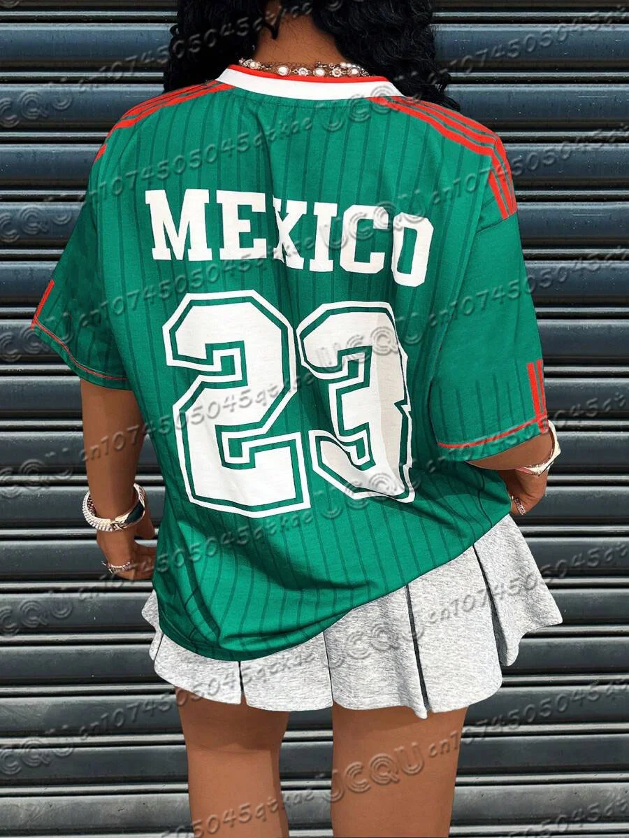 Women'S Mexican Digital Printed Football Jersey T-Shirt V-Neck Loose Quick Drying Short Sleeved Sportswear Casual Clothing Top 6