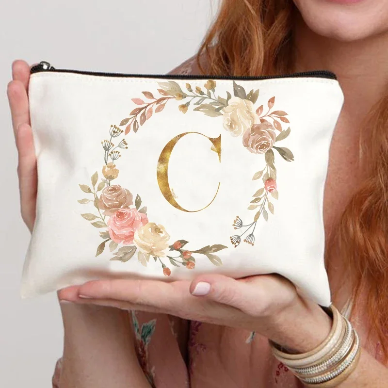 Floral Hoop Initial Zipper Makeup Pouch Travel Essentials Wedding Makeup Storage Organizer Bachelorette Party Gift Bag for Girls 4