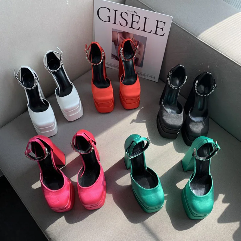 

Popular Designer Platform High Heels Satin Pumps Bridal Wedding Shoes Mary Janes Crystal Ankle Strap Formal Party Sandals Women