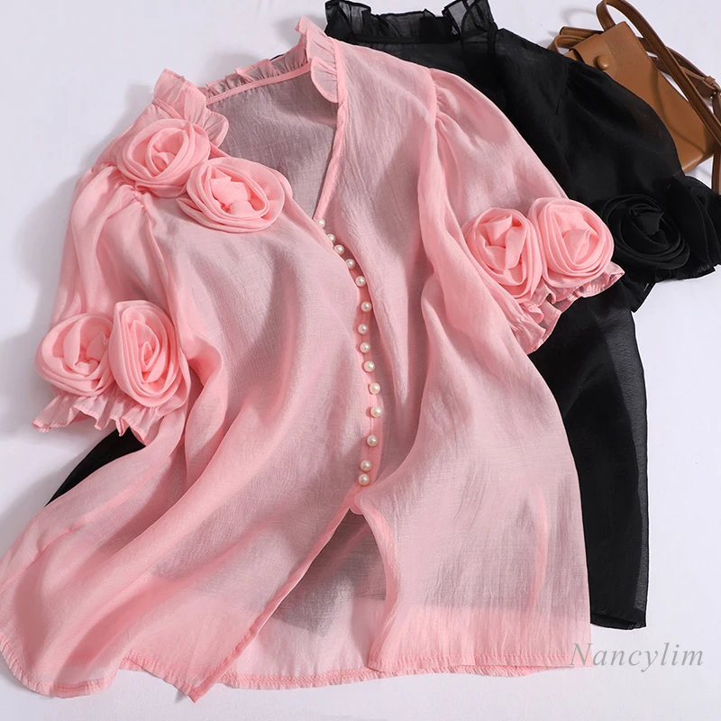 

2024 Summer New Korean Style High Sense Puff Sleeve Three-Dimensional Flower Breasted Temperament Thin Blouse and Shirts Top