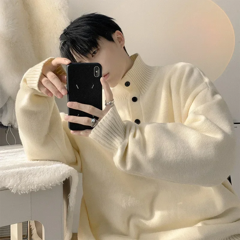 Half High Neck Sweater Men's Autumn/winter Trendy Brand Loose and Lazy Style Sweater Design Sense Niche High Street Knit Jacket