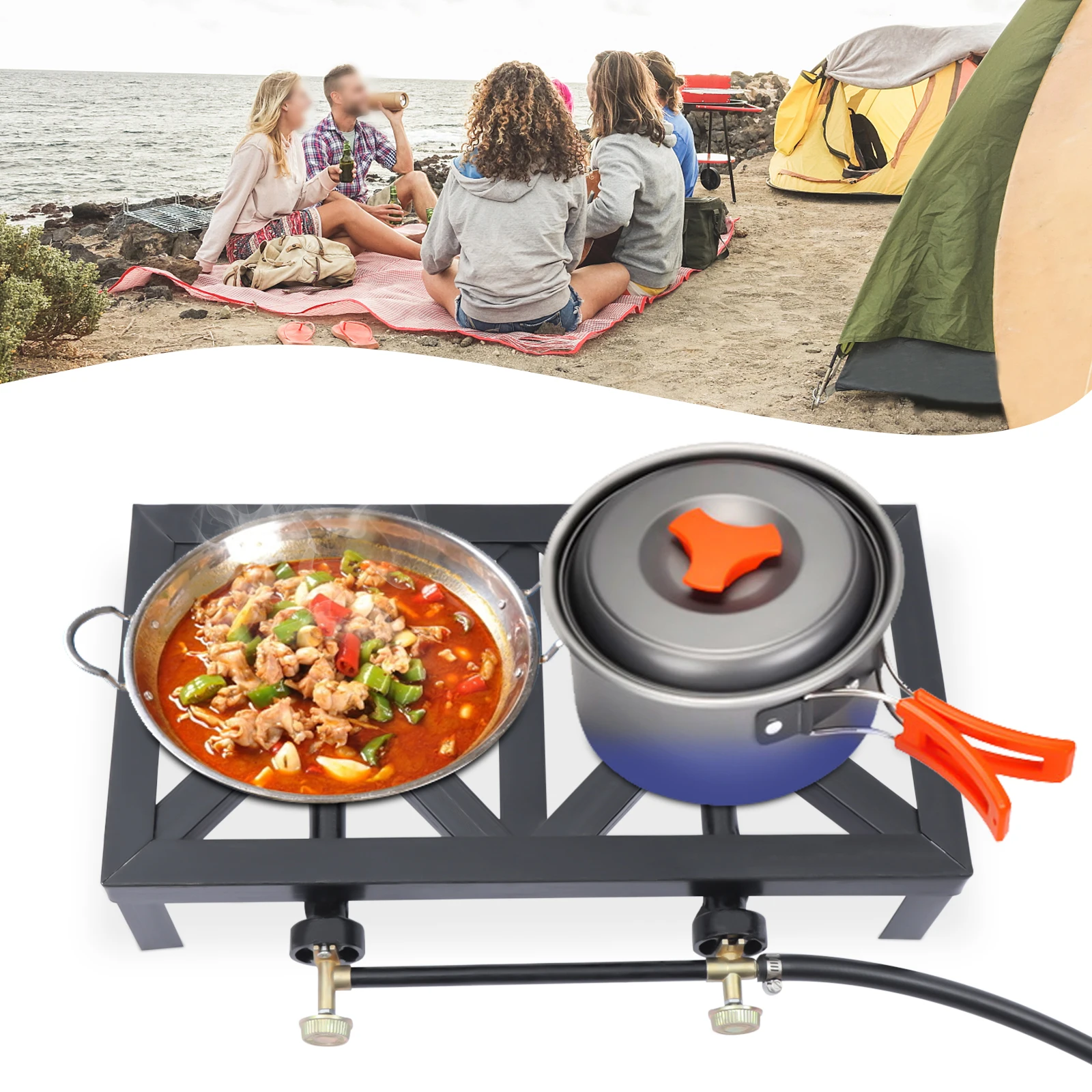 Portable Double Burner Outdoor Gas Stove Hiking Fishing Propane Gas Cooker  With Hose For Patio Camping BBQ