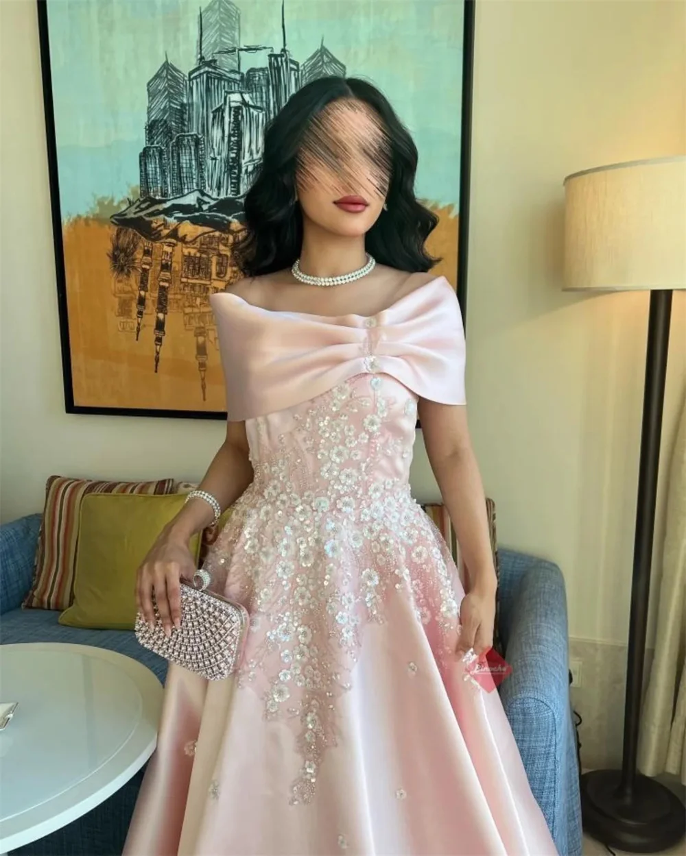 كاثي مخصص الوردي قبالة الكتف الترتر يزين فساتين لح...