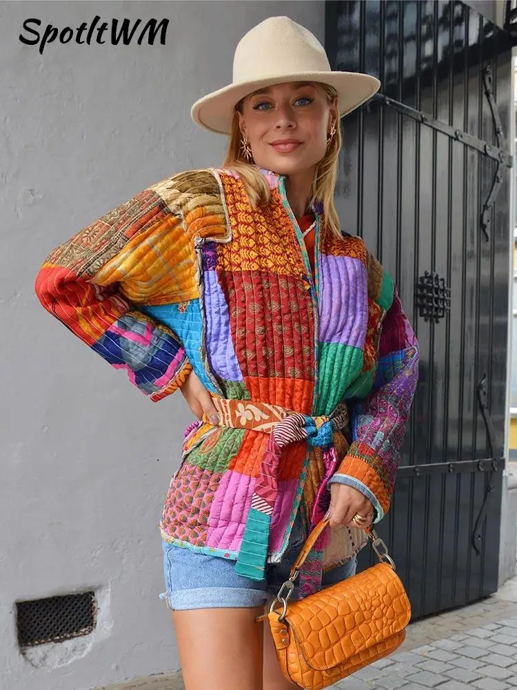 

Elegant Colorful Patchwork Cotton Jackets Woman Loose Lace Up Long Sleeve Warm Coat 2023 Autumn Lady Vacation Thick Streetwear