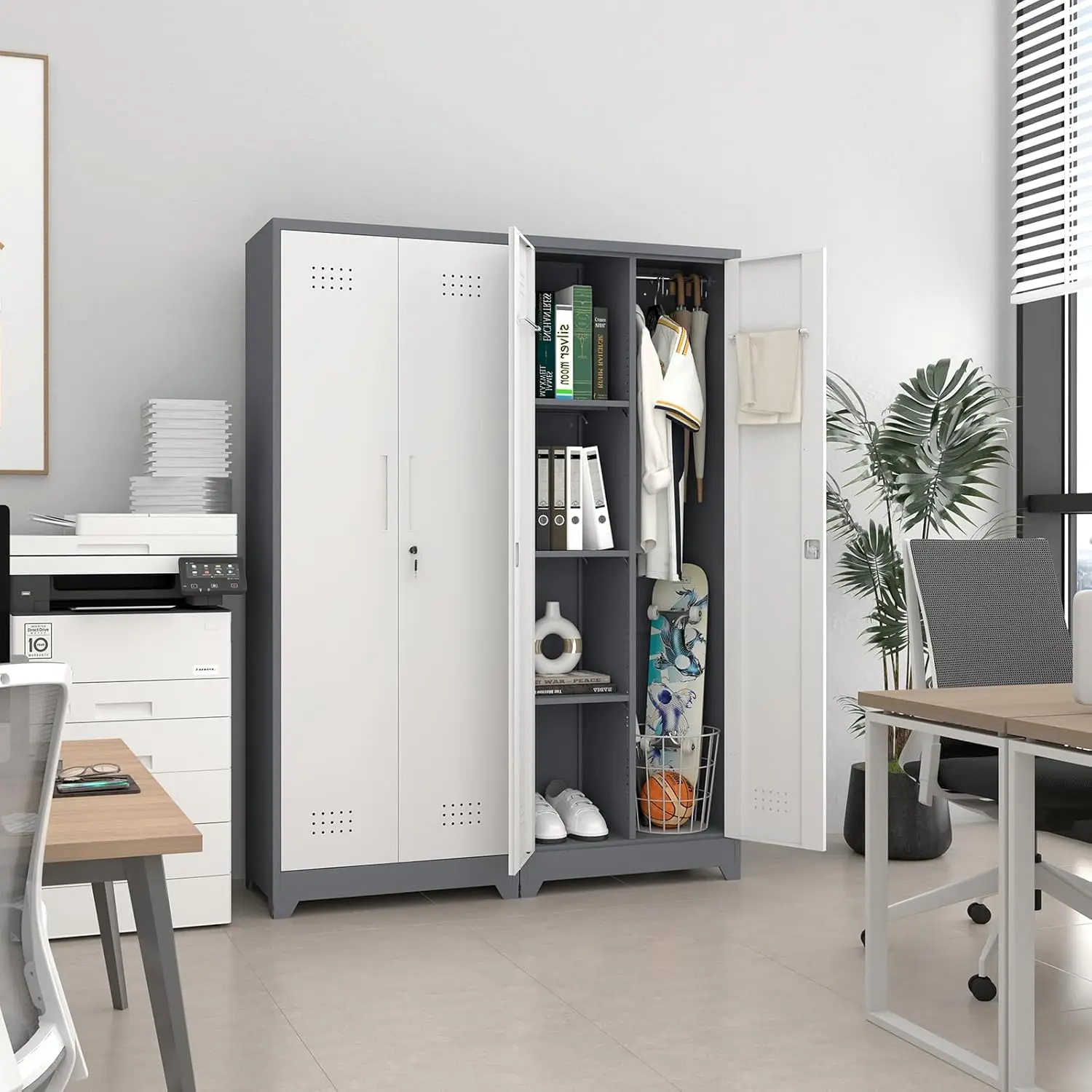 Broom Closet Storage Cabinet with Locking Doors,Cleaning Tool Cabinet,Metal Storage Cabinet with Shelves and Hanging R 2