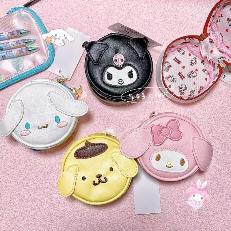 

Kawaii Sanrioed Anime Cartoon series HelloKitty Cinnamoroll Kuromi cute circular Portable PU Jewelry box Storage bag Small gift