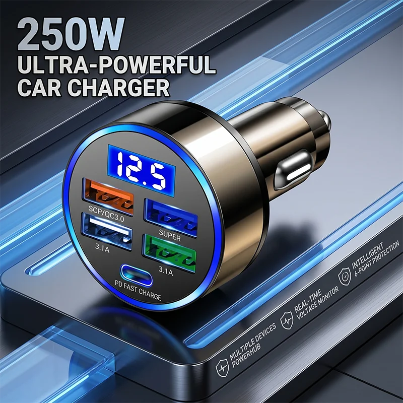 5포트 USB C 차량용 충전기 고속 충전 어댑터 LED 전압 표시 기능 포함 ..
