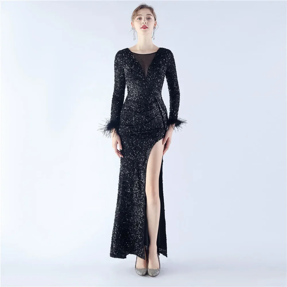 Sladuo Women's Sexy Long Sleeve With Feather Sparkly Maxi Dress High Slit  Formal Gown Cocktail  Maxi Long Mermaid Dresses eightree 2021wine red mermaid long prom dresses satin spaghetti straps long evening sexy front high slit party dress formal gown