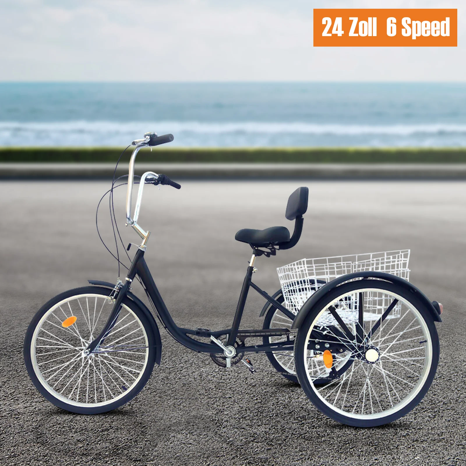24 "Triciclo Trike Cruise 6 Gear 3 Ruote Bicicletta Con Schienale Della Spesa E Cestino Per Adulti Anziani Trike