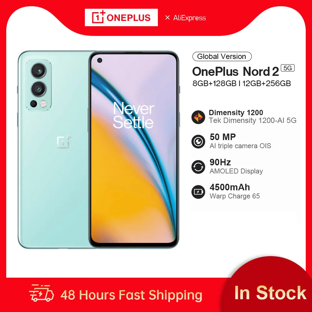  Смартфон глобальная версия OnePlus Nord 2, 128 ГБ/256 ГБ, MTK Dimensity 1200AI, 6,43 дюйма, 90 Гц, AMOLED, тройная камера 50 МП, деформация заряда 65 