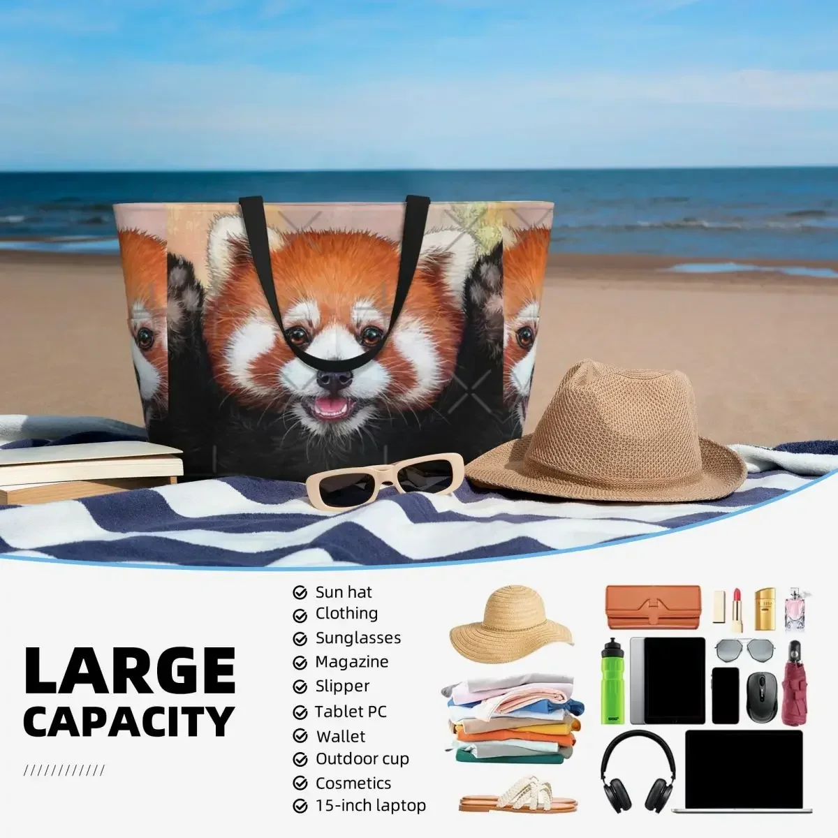 Red Panda Painting Beach Travel Bag, Tote Bag Retro Large Capacity Sports Birthday Gift Multi-Style Pattern