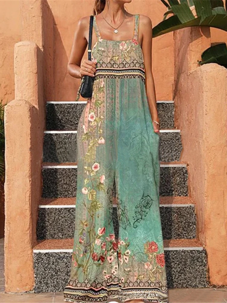 

Bohemian Loose Fit Long Jumpsuit Women 2023 Summer Vintage Printed Sleeveless Sexy Backless Casual Jumpsuit Women Mujer Elegante