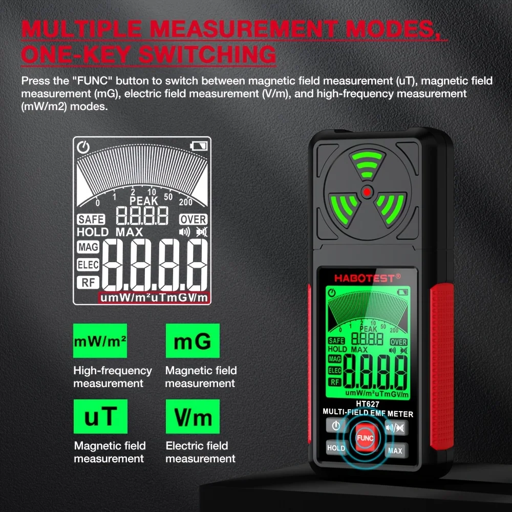 HABOTEST HT627 EMF Meter Professional Electromagnetic Field Radiation Detector Handheld Portable Radio Frequency Warn Meter