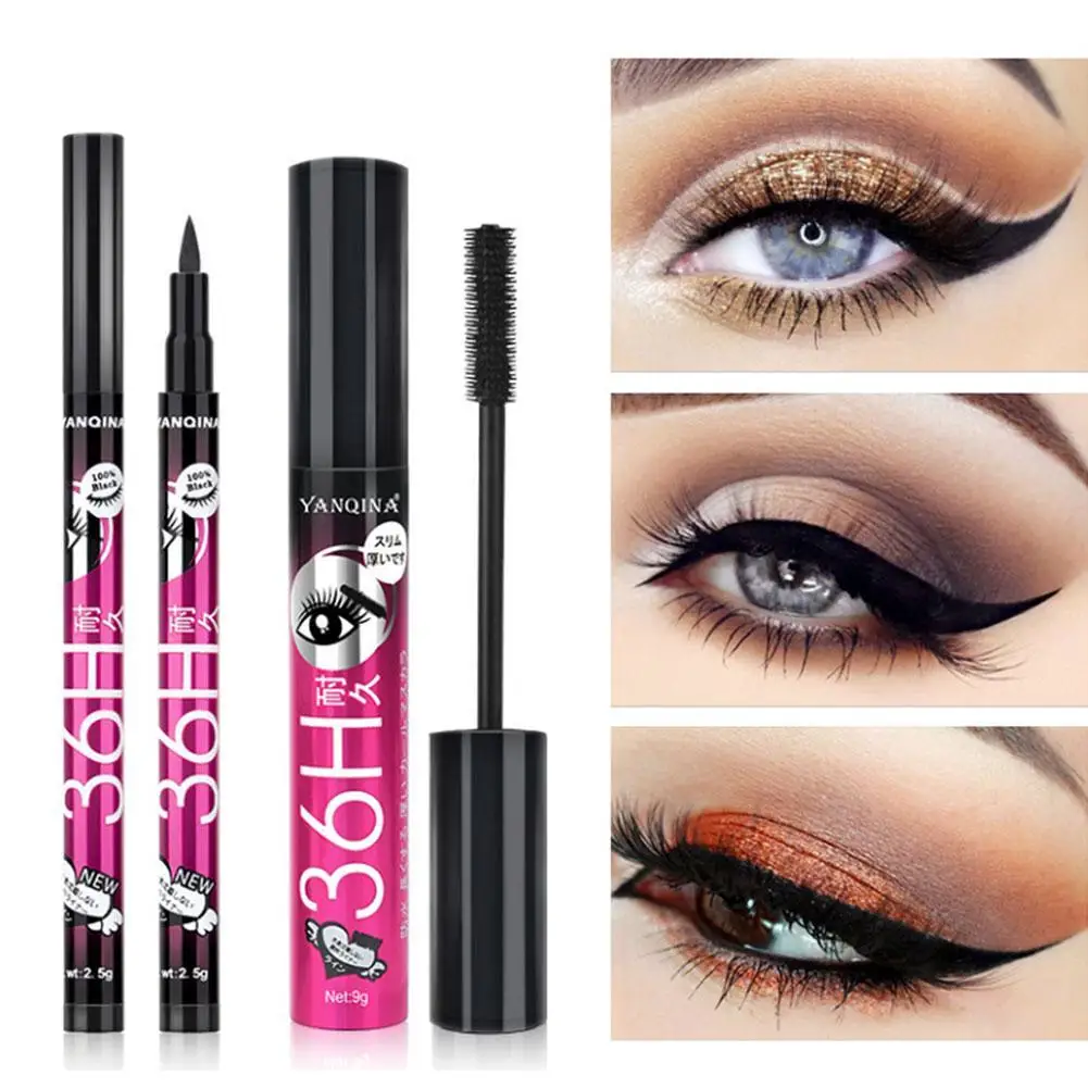 

36H Black Waterproof Liquid Mascara 4D Fiber Lashes Curling Thick Lengthening Black Mascara Volume Eyelashes Korea Makeup Set