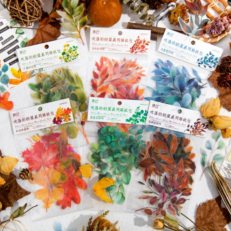 

15 pcs PET leaf Stickers aesthetic Adhesive Diy Decorative Diary Album Scrapbooking Collage material junk journal supplies