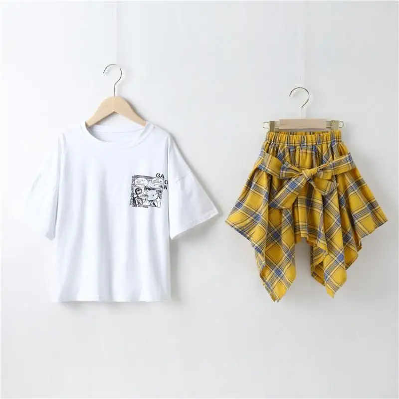 

Junior Girl Clothing Summer Short Sleeve T-Shirt Top & Plaid Skirt 2Pcs Set Kids Loungewear Teenage Girls Cartoon Print Outfits