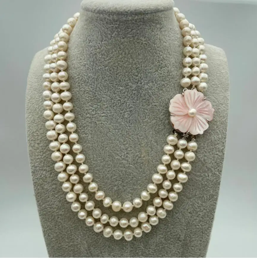 

Hot sale 3 Rows Genuine 7-8 mm White Pearl Shell Flower Clasp Necklace