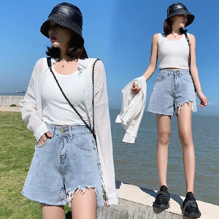 2023 Summer New Women Casual High Waist Irregular All-Match Denim Shorts Lady New Solid Color Hole Sexy Blue Large XL Jeans