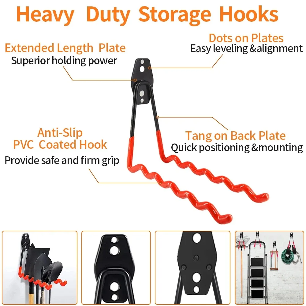 Heavy-Duty Wall-Mounted Non-Slip Metal Hook Set for Garage and Garden Tool Storage