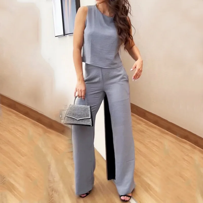 

2023 Summer New Ladies Suit Casual Solid Color Sleeveless Tops Straight Pants 2 Sets