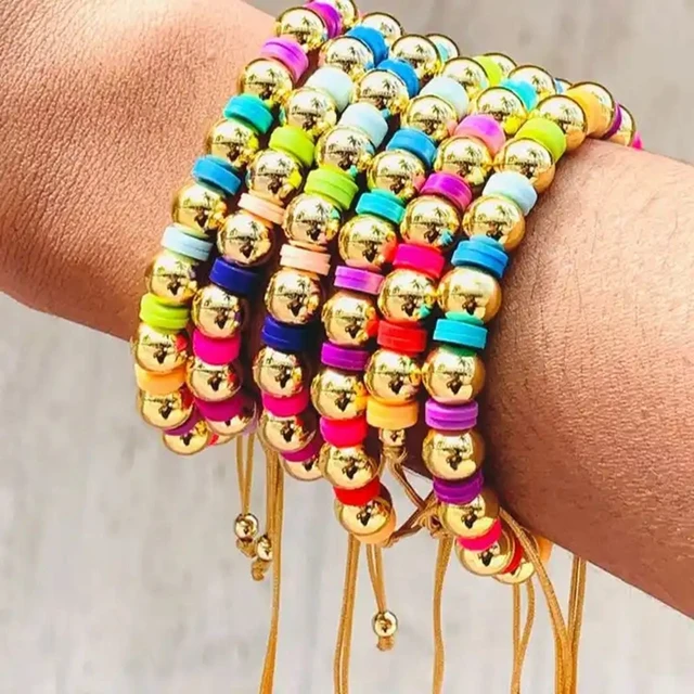 Wholesale Bohemian Adjustable Colorful Beads Bracelet Rainbow Polymer Clay  Bead Jewelry Gold Color Ball Beaded Macrame Bracelets - AliExpress