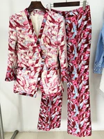 HIGH STREET Newest 2026 Designer Runway Suit Set Women's 3/4 Sleeve Feather Printed Blazer Flare Pants Set 2pcs - Image 2