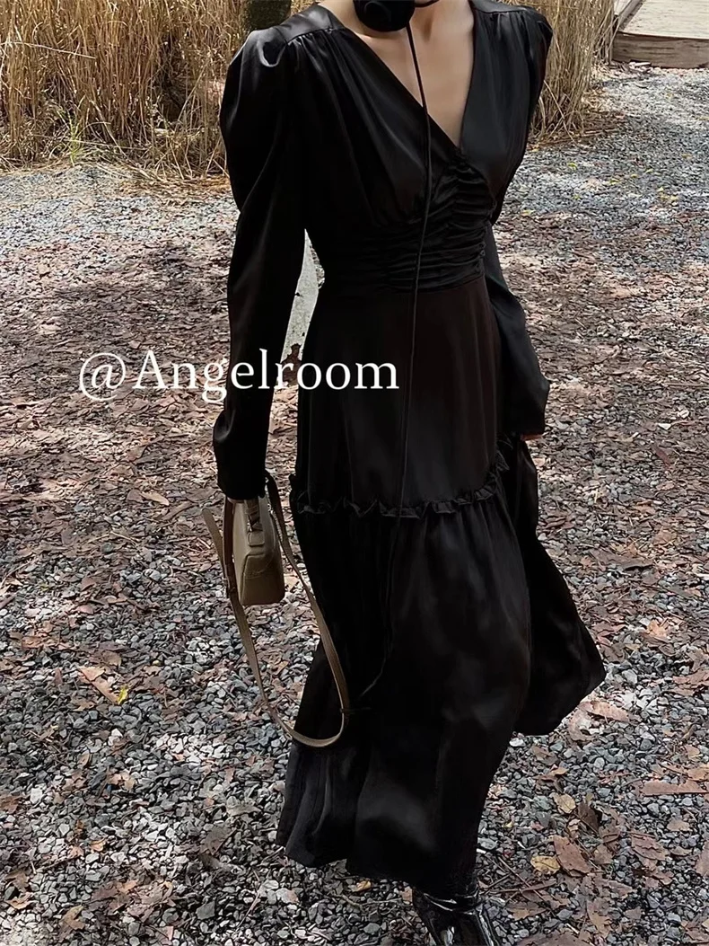 Autumn Satin Midi Dresses for Women Long Sleeve V-neck Folds Design A-line Korean Fashion Office Lady One Piece Vestidos New