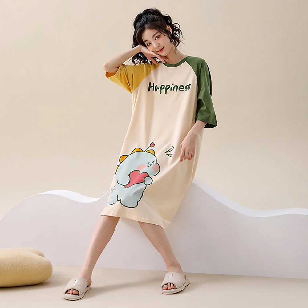 100% Cotton Summer New Dress Sexy Split Sleepwear Sleep Shirts Sweet Cute Cartoon Nightgowns Casual Loose Soft Women Night Dress