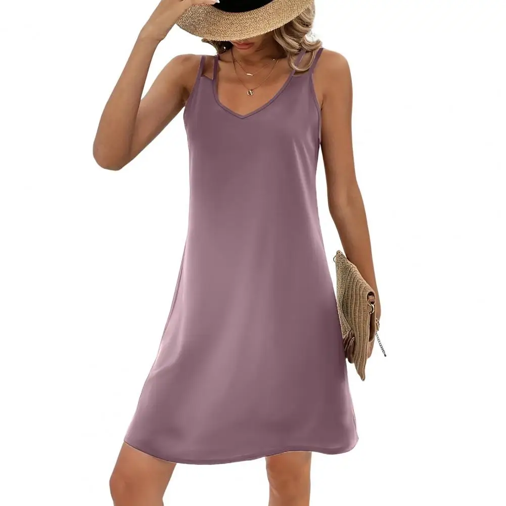

Women Dress Sleeveless A-line Slim V Neck Hollow Out Double Sraps Mini Dress vestidos femenino