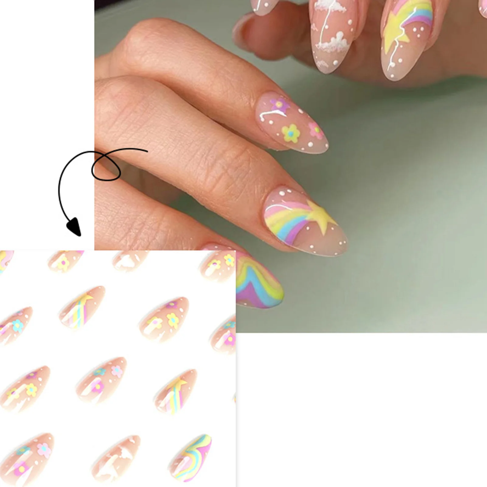 24pcs False Nail Tips for Girl Rainbow Cloud Star Printed Almond Fake Nails Full Cover Reusable Adhesive fake nails nail tips false nails false nail tips