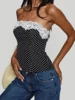 Elegant Lace Trim Bandeau Tops with Polka Dot Print Sleeveless Strapless Design Fit Zip Up Shirts for Women 1