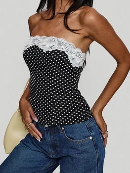 Elegant Lace Trim Bandeau Tops with Polka Dot Print Sleeveless Strapless Design Fit Zip Up Shirts for Women 1