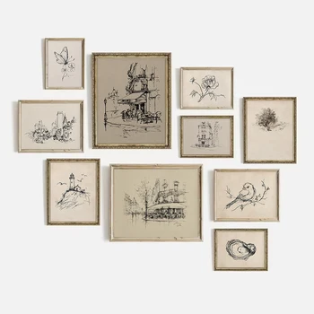 Poster su Tela con Disegno a Linee di Città Antica, Caffè di Parigi, Alberi, Arte Murale Stampata, Decorazione per la Casa, Idea Regalo