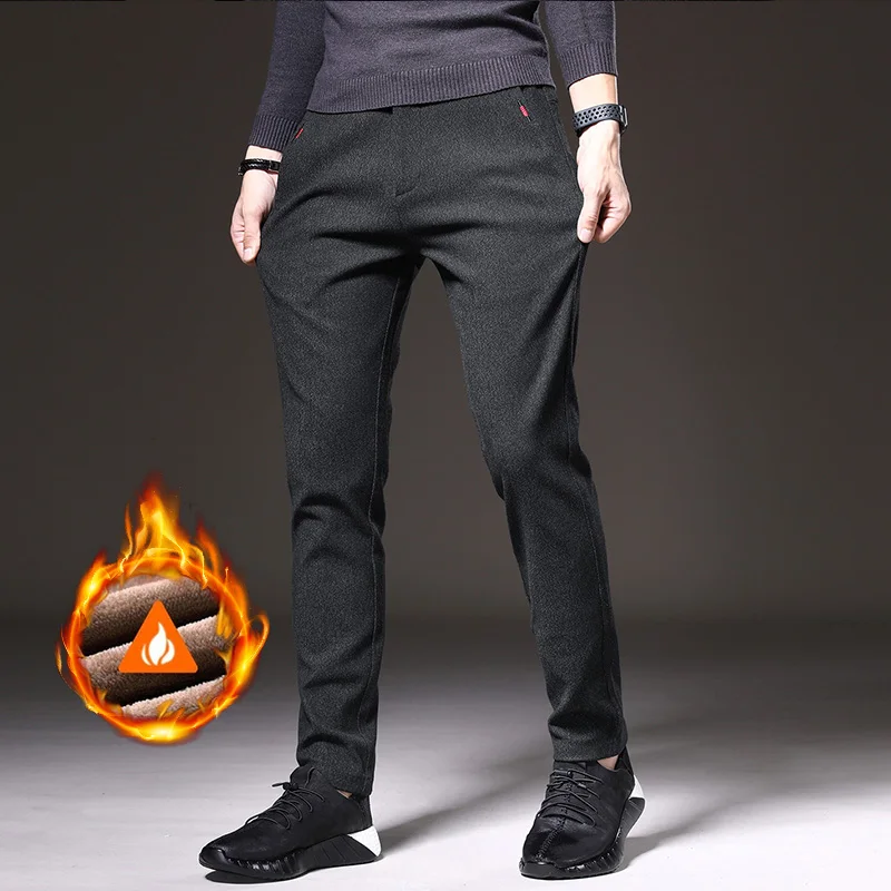 Winter Warm Men's Brushed Casual Pants Business Straight Slim Thick Fleece Trousers Plush Brand Male Clothes 28-38 3