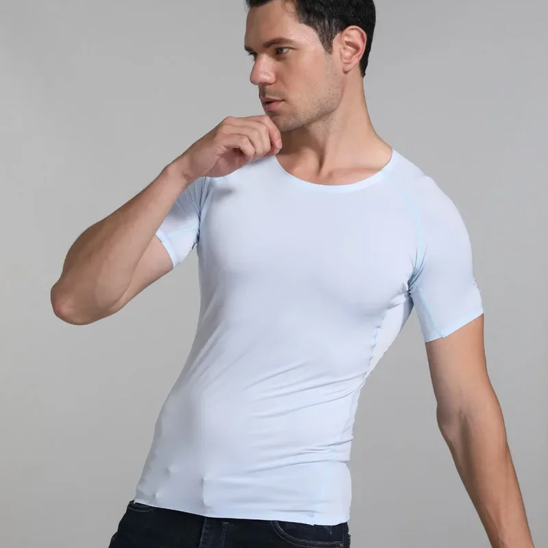 Summer Men Ice Silk Shirt Short Sleeves Seamless Round Neck Top Bodybuilding Thin Elastic Breathable Undershirt Pullover