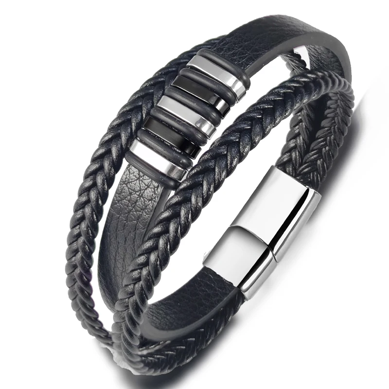 Charm Design Men&rsquo;s Leather Bracelet Stainless Steel Magnet Bangle bracelet jewelry