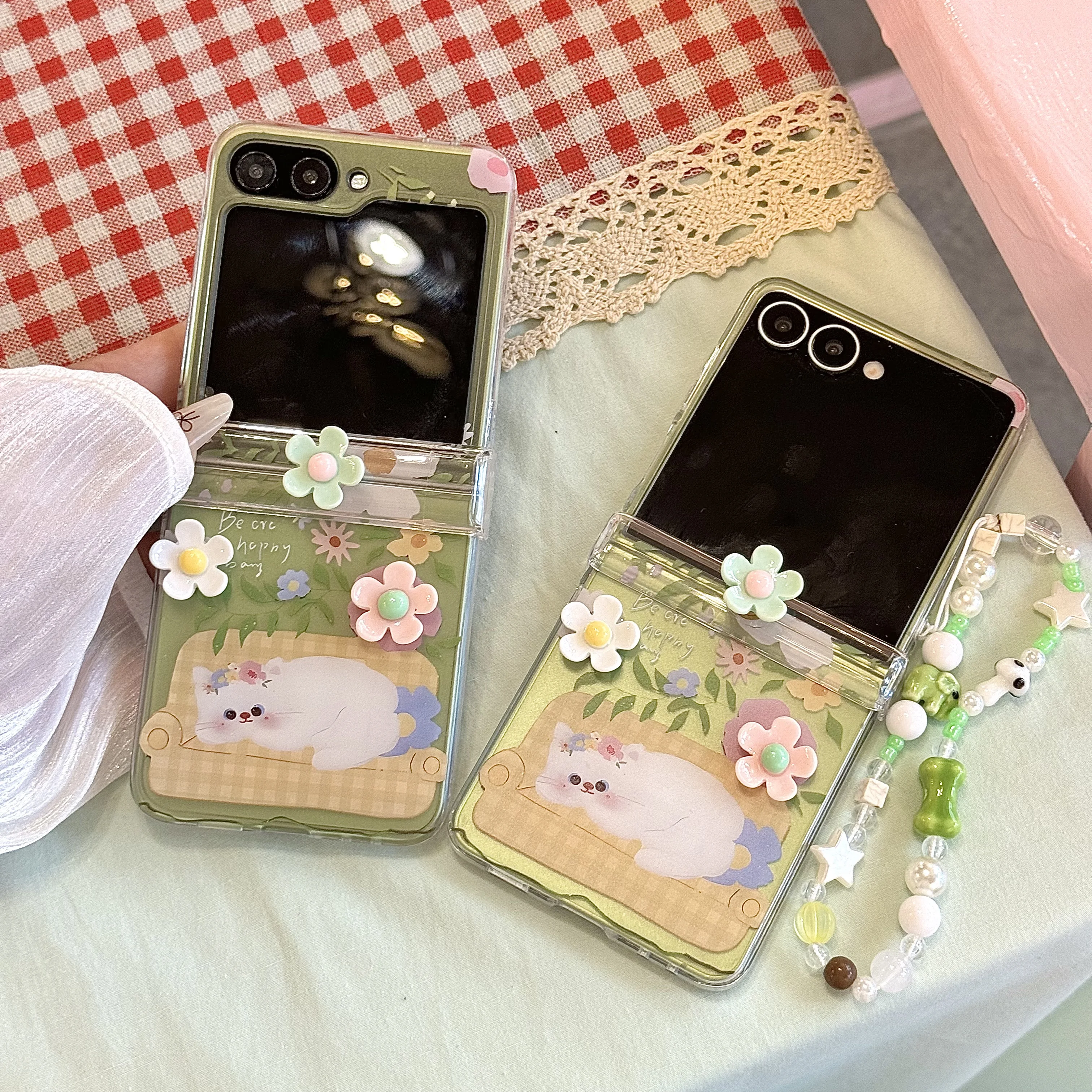 Hinge Protective Phone Case with 3D Flower & Cute Cat Star Wrist Strap