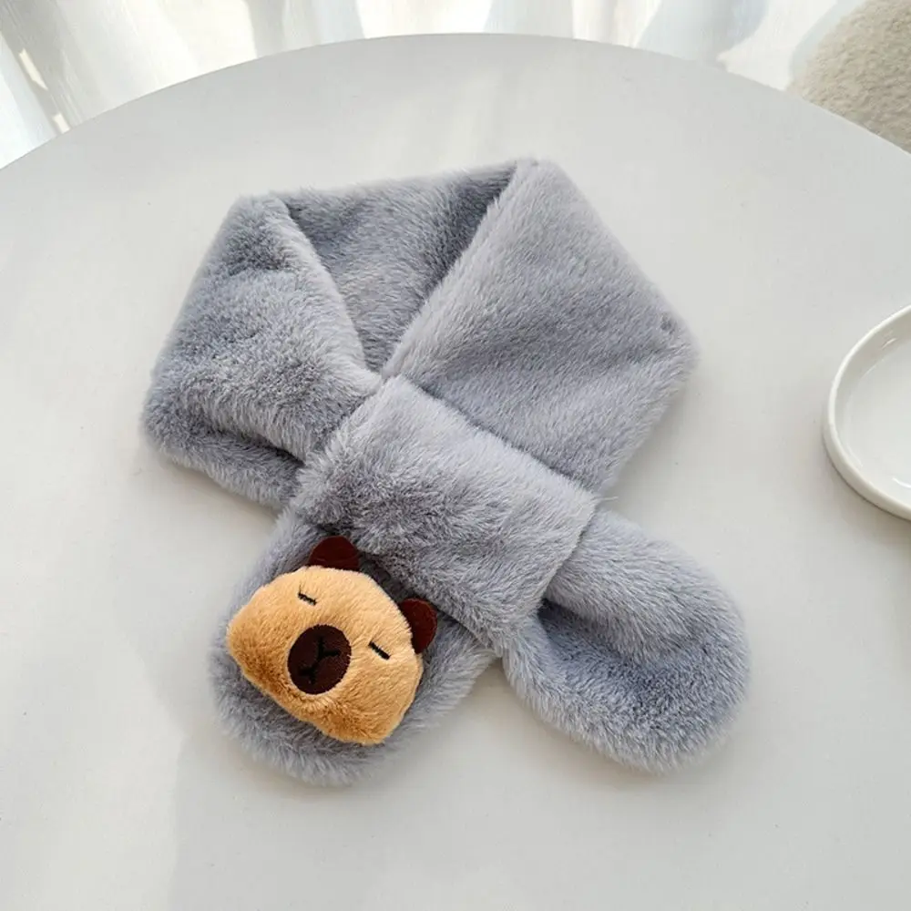 New Winter Children's Cross Scarf Plush Solid Color Capybara Scarf Boys Girls Thickened Warm Neckerchief Wrap Kids