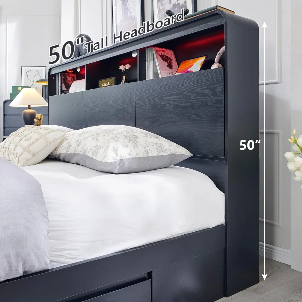 King Size Wood Bed Frame with 50" Tall Storage Headboard, LED King Size Platform Bed Frame w/4 Drawers, Charging Station 4