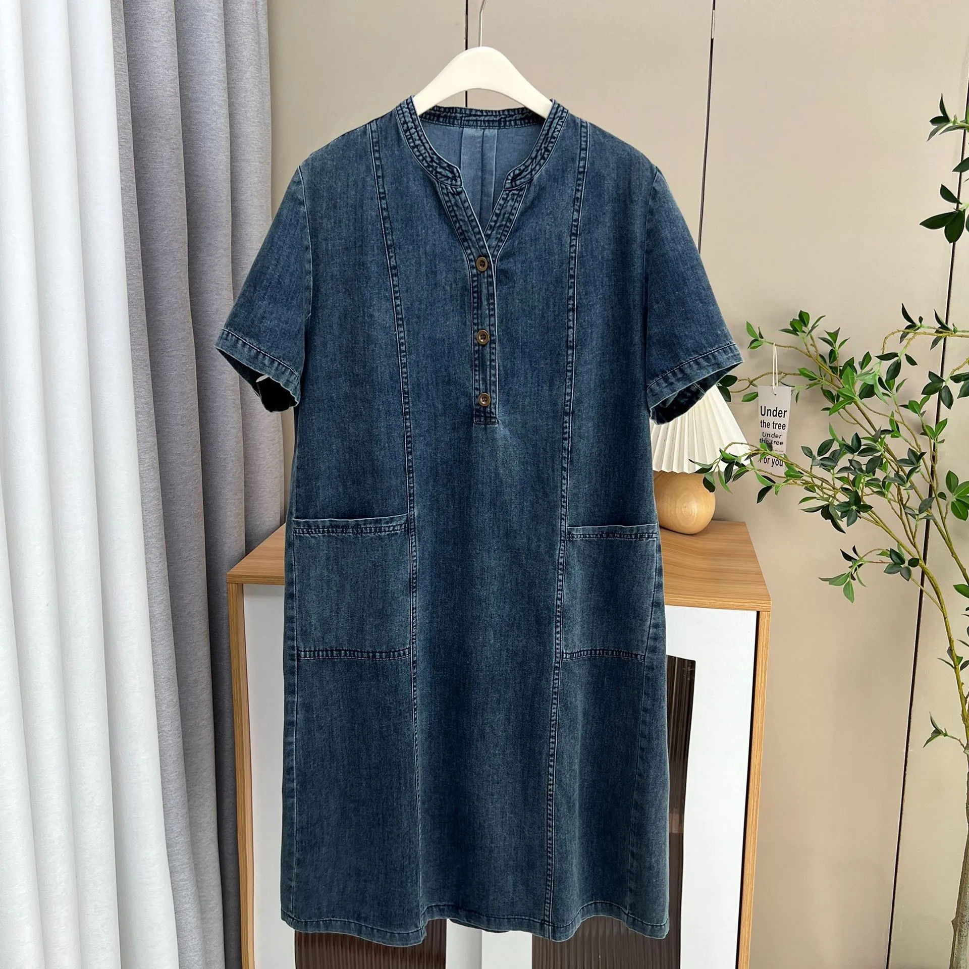 Plus Size Plus Size Women's Summer New Style Denim Dress V-Neck Short Sleeve Meat Concealment A- Line Midi Dress Cotton Blend...