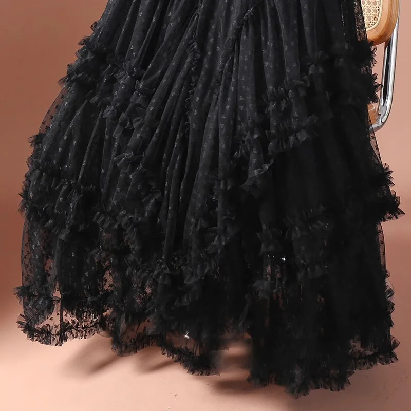 Boho Queens Women Irregular Hem High Waist Pleated embroidery Maxi Skirt Fashion Mesh Loose Puffy Skirt Fairy Cake Skirts