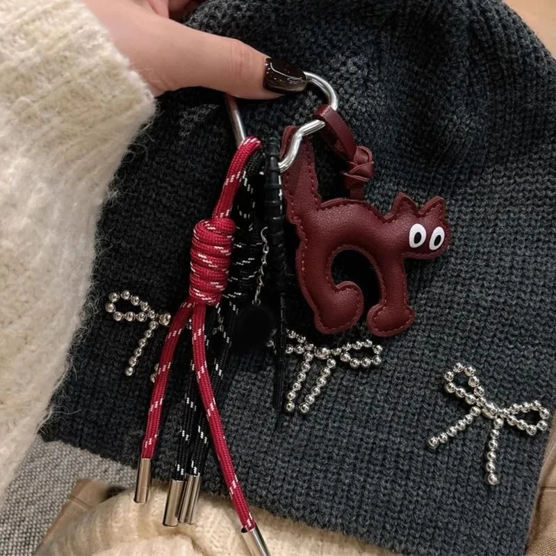 Korean Retro 3D Leather Cat Rope Lanyard Pendant Chain Strap For iPhone Keyring Bag Camera Women Phone Hanging Rope Cord Gift