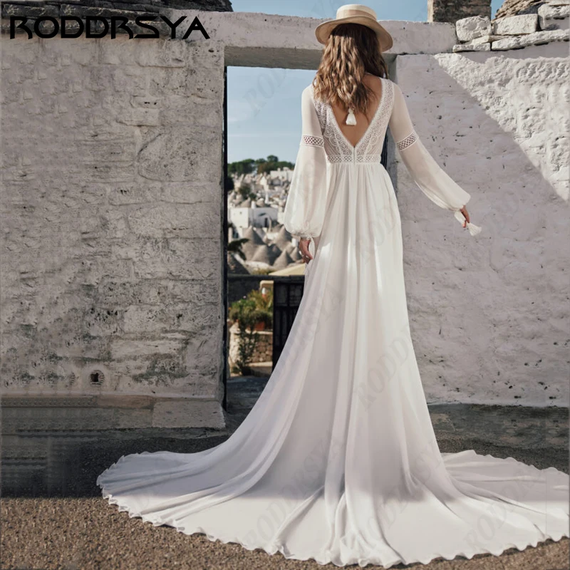 RODDRSYA Boho Elegant Long Sleeve Wedding Dress For Women Beach V-Neck A-Line Bridal Party Romantic Chiffon Backless Brautkleid 2