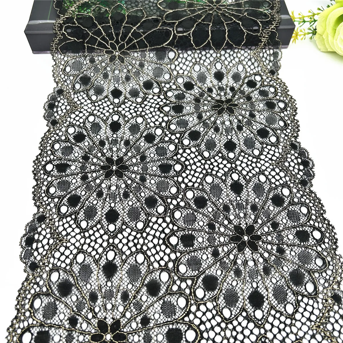 3y/lot Width 22.50cm Black With Gold Elastic Stretch Lace Trim Skirt Hem For Clothes Sewing Accessories Lingerie Dress Sleeve 5