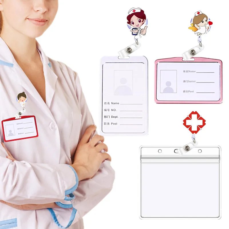 

Metal ID Name Badge Holder Nurse Doctor Work Card Cover Retractable Badge Reel Easy Pull Lanyard Bus Pass Card Badge Clip