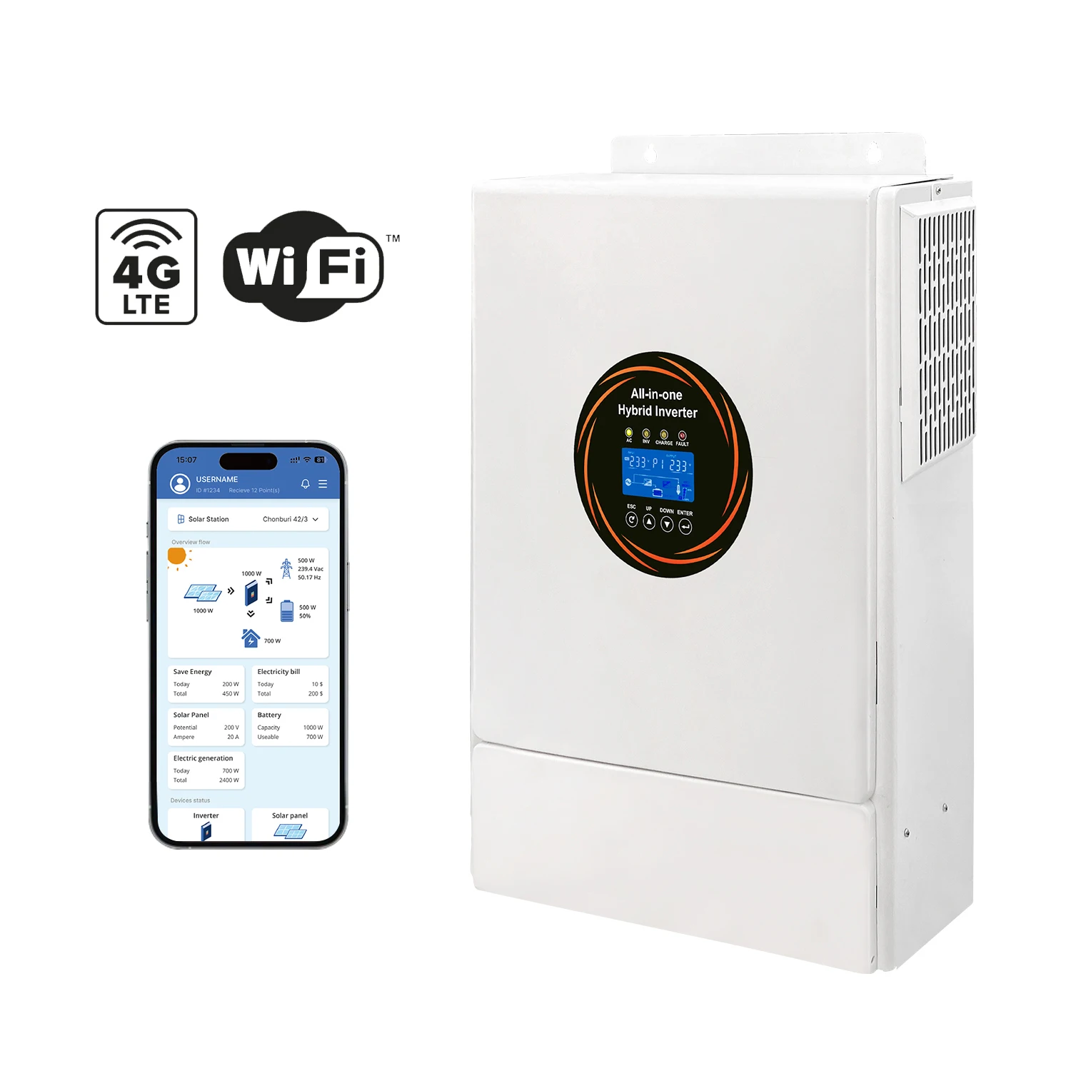 อินเวอร์เตอร์พลังงานแสงอาทิตย์แบบไฮบริด 22KW พร้อม WIFI DC 500V AC 220V 230V 5W 10KW คอนโทรลเลอร์ควบคุมคลื่นไซน์บริสุทธิ์ สำหรับระบบเชื่อมต่อกริดไฟฟ้าภายในบ้าน 1