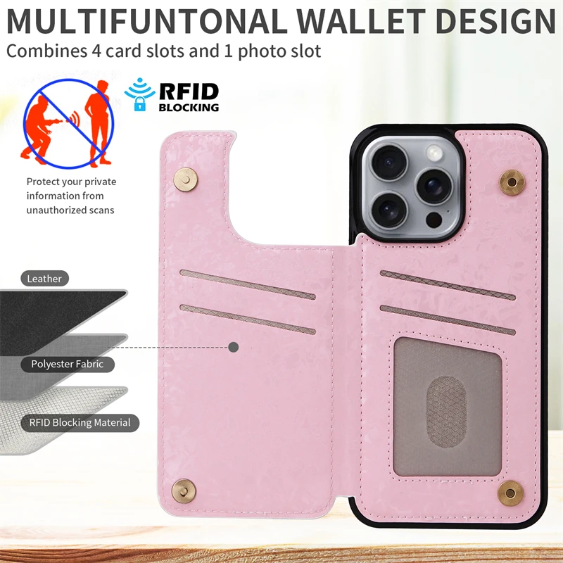 Elegant Flower Design Leather Wallet Card Holder Phone Case with Double Buckle Closure