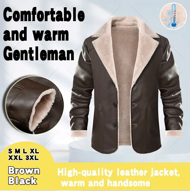 

Winter PU Leather Jacket Men New Style Solid Streetwear Fleece Casual Warm Clothing Porckets Breasted Leather Coat Outwear