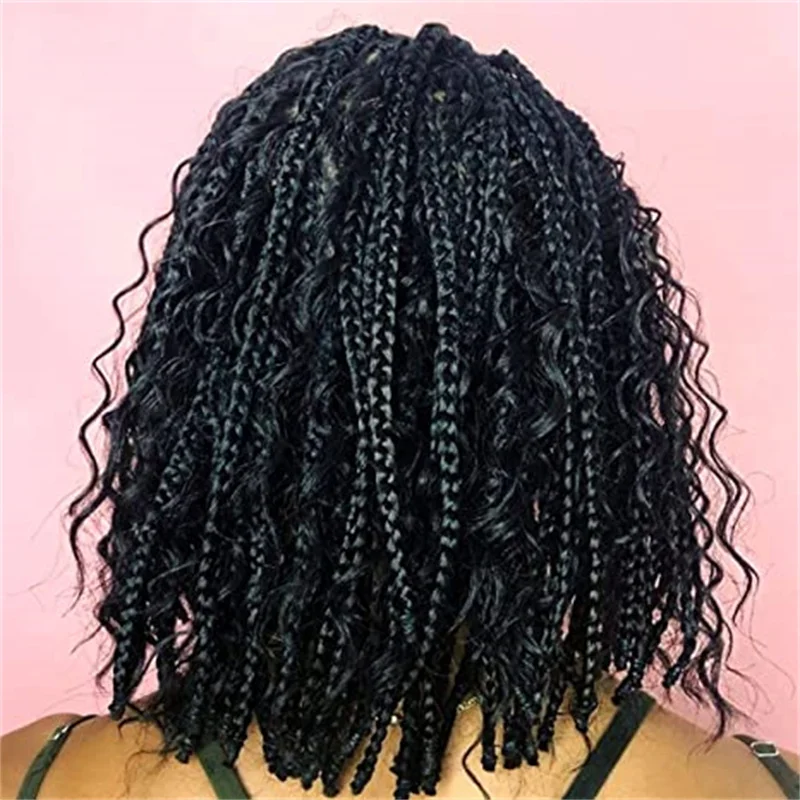 14 Inch Short Box Braided Bob Wig for Black Women Curly Goddess Box Braids Wigs Synthetic Natural Color Bob Hair Daily Use